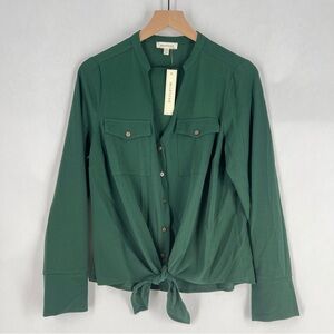 Monteau Women's Lightweight‎ Green Crepe V-Neck Tie Front Button Down Shirt XL